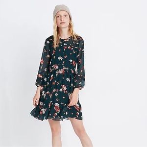 Madewell Sheer-Sleeve Pintuck Ruffle Dress in Spruce Blooms